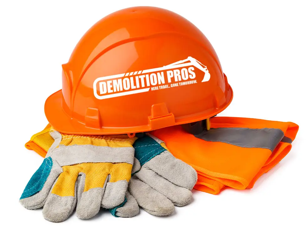 Demolition service hardhat vest and gloves